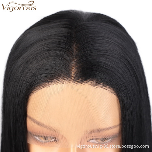 Vigorous Top Quality High Temperature Long Silky Straight Black Wigs Middle Part Lace Frontal Wigs For White Women Wholesale